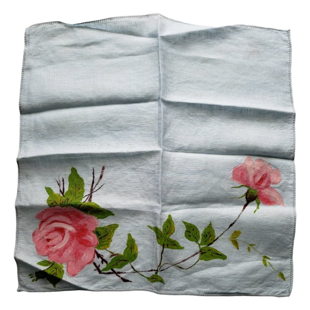 Vtg Ladies Handkerchief /Hankies Light Blue Linen with hand painted Pink Roses - Picture 7 of 7